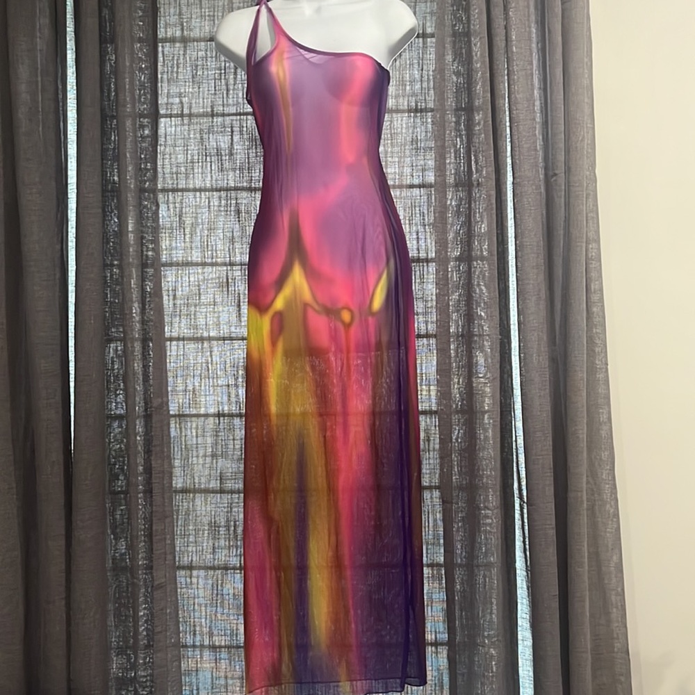 Beautiful, sheer swimsuit, cover up. One shoulder maxi length. Size M